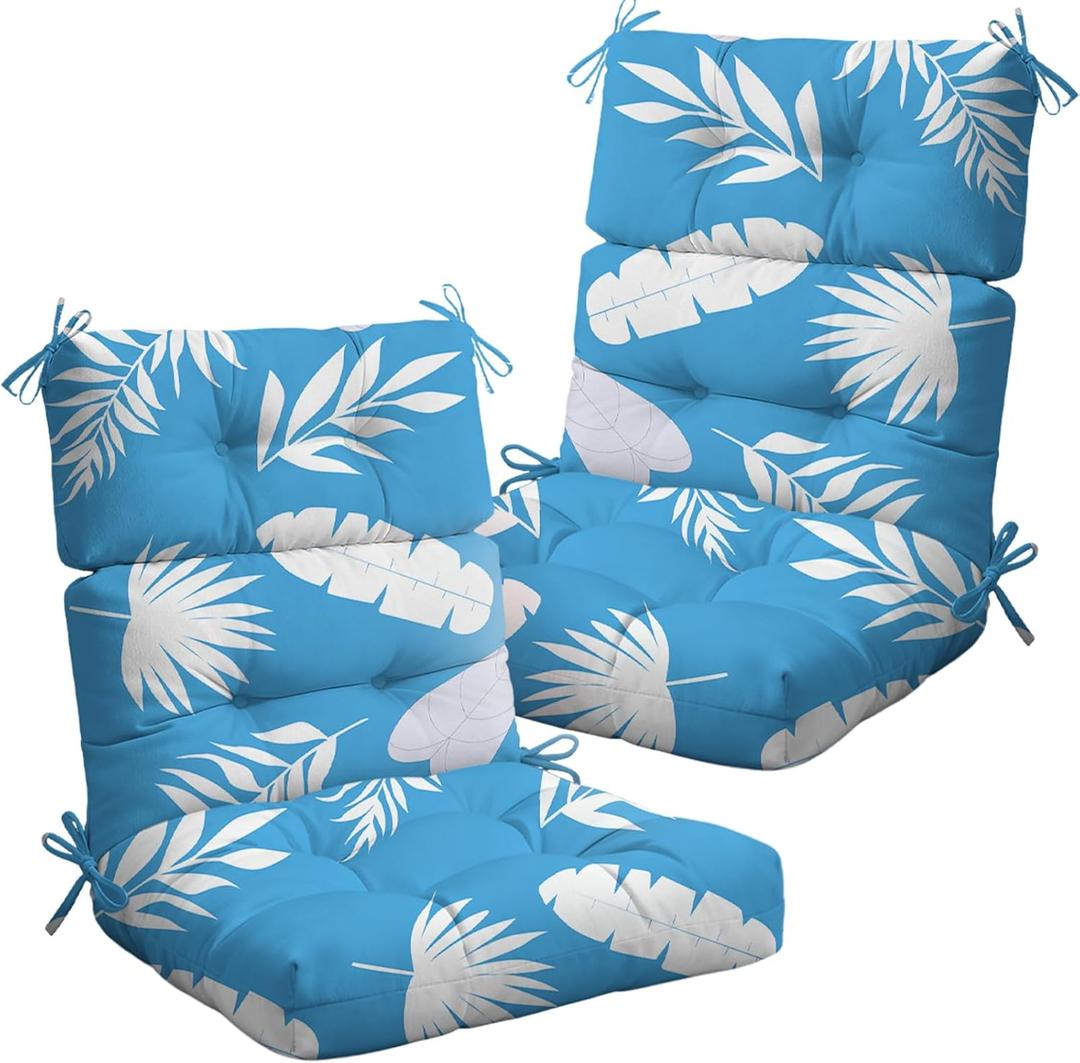 2 Pack Rocking Chair Cushion, Waterproof Chairs Cushions for Adirondack Chairs Patio Chair High Back Thicked Cushions Outdoor and Indoor with Ties, Blue Leaf