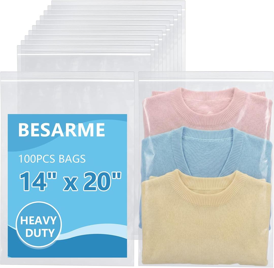 100 PCS 14"×20" Large Zip Seal Lock Bags 2 Gallon Clothing Poly Bag 2 Mil | Waterproof, Dust-Resistant, Reclosable Bags For Clothing, Crafts, Storage, Packing, Shipping, Travel, And Moving