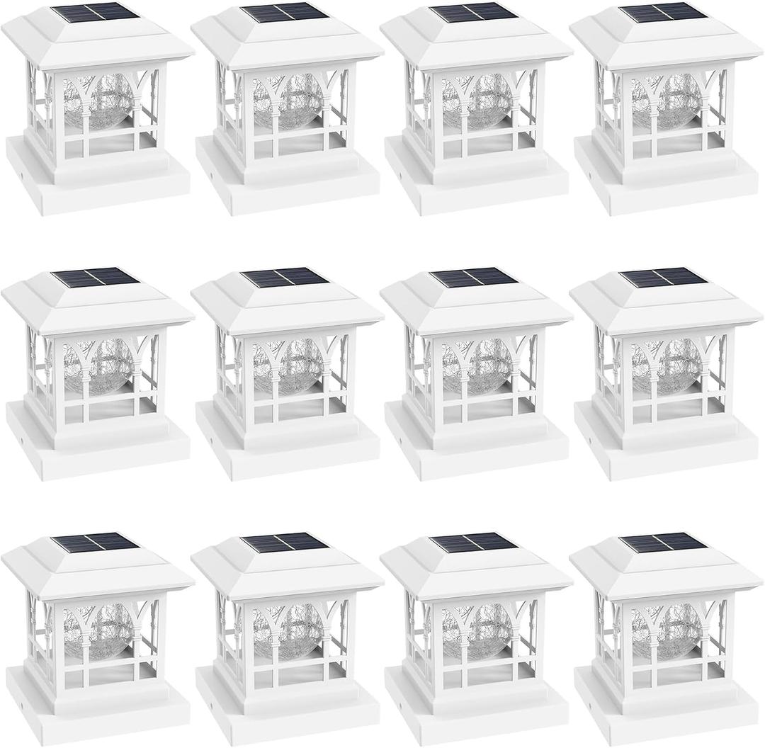 Fence Post Solar Lights, Crackle Glass Solar Post Cap Lights, 20 Lumens, Warm White & RGB Automatic Cycling 2 Modes for 3.6x3.6 4x4 4.5x4.5 5x5 Vinyl Wooden Posts Decoration, White (12 Pack)