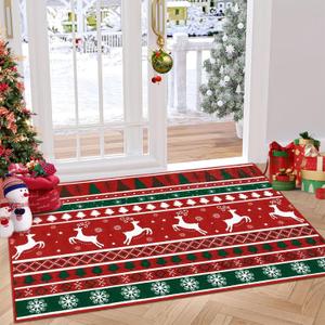 RUGSREAL Christmas Area Rug 2x3 Winter Christmas Tree and Snowflake Area Rug for Entryway Christmas Doormat Non-Slip Rug Washable Floor Cover for Living Room Bedroom, Red, 2x3 Feet (Xmas Deer Red)