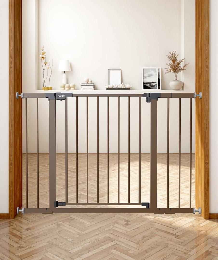 Baby Gate for Stairs, 30'' Tall 29.5-46" Extra Wide Dog Gate for Stairs Walk Thru Auto Close Metal Pet Gate for The House, Stairs and Doorways Child Gate Pressure Mounted Safety Gate Indoor - Brown