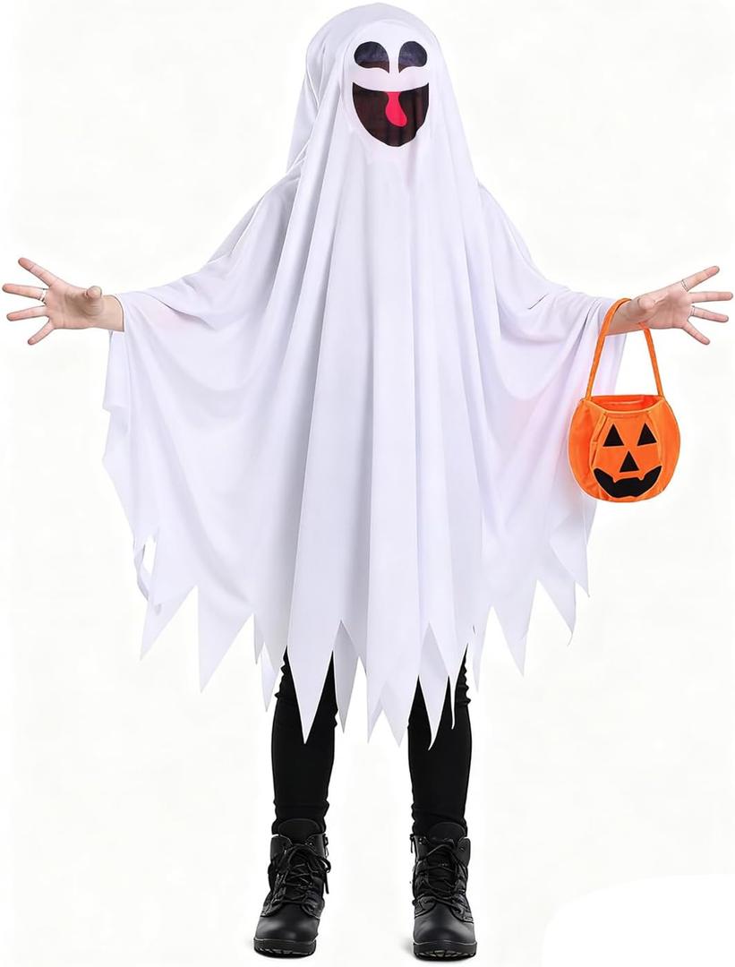 Kids Halloween Ghost Costume, Ghost Sheet Costume with Pumpkin Basket for Boys and Girls, Cute Cosplay Outfits for Halloween Dress-Up Party, One Size for 4-9 Years