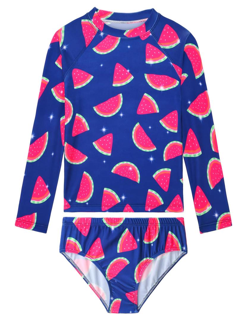 Tziharora Girls Bathing Suit ,2 Piece Blue Watermelon Long Sleeve Rash Guard Sets Swimwear for Beach 3-4T