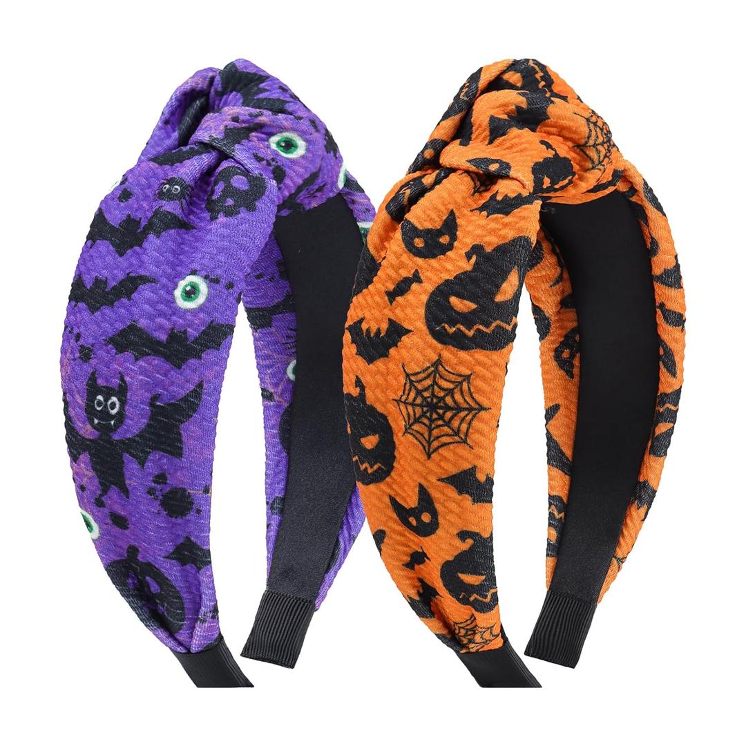 Halloween Purple Bat Headband and Orange Black Wide Knotted Hair Accessories for Women and Girls in USA