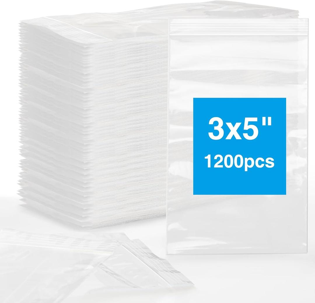 1200pcs Plastic Bags, 3 x 5 inch 2 mil Jewelry Bags, Clear Small Zip Bag, Resealable Zip Bag for Small Business, Storage, Candy