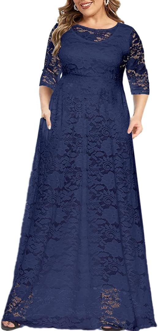 MAYFASEY Women's Plus Size Floral Lace Wedding Dress 3 4 Sleeve Bridesmaid Evening Party Long Maxi Dresses with Pockets (B-navy Blue)