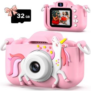 Dwfit Upgrade Selfie Kids Camera, Christmas Birthday Gifts for Boys Girls Age 3-12, HD Kids Digital Video Cameras for Toddler with Cartoon Soft Silicone Cover, Portable Toy for 3 4 5 6 7 8 Years Old (Unicorn-Pink)