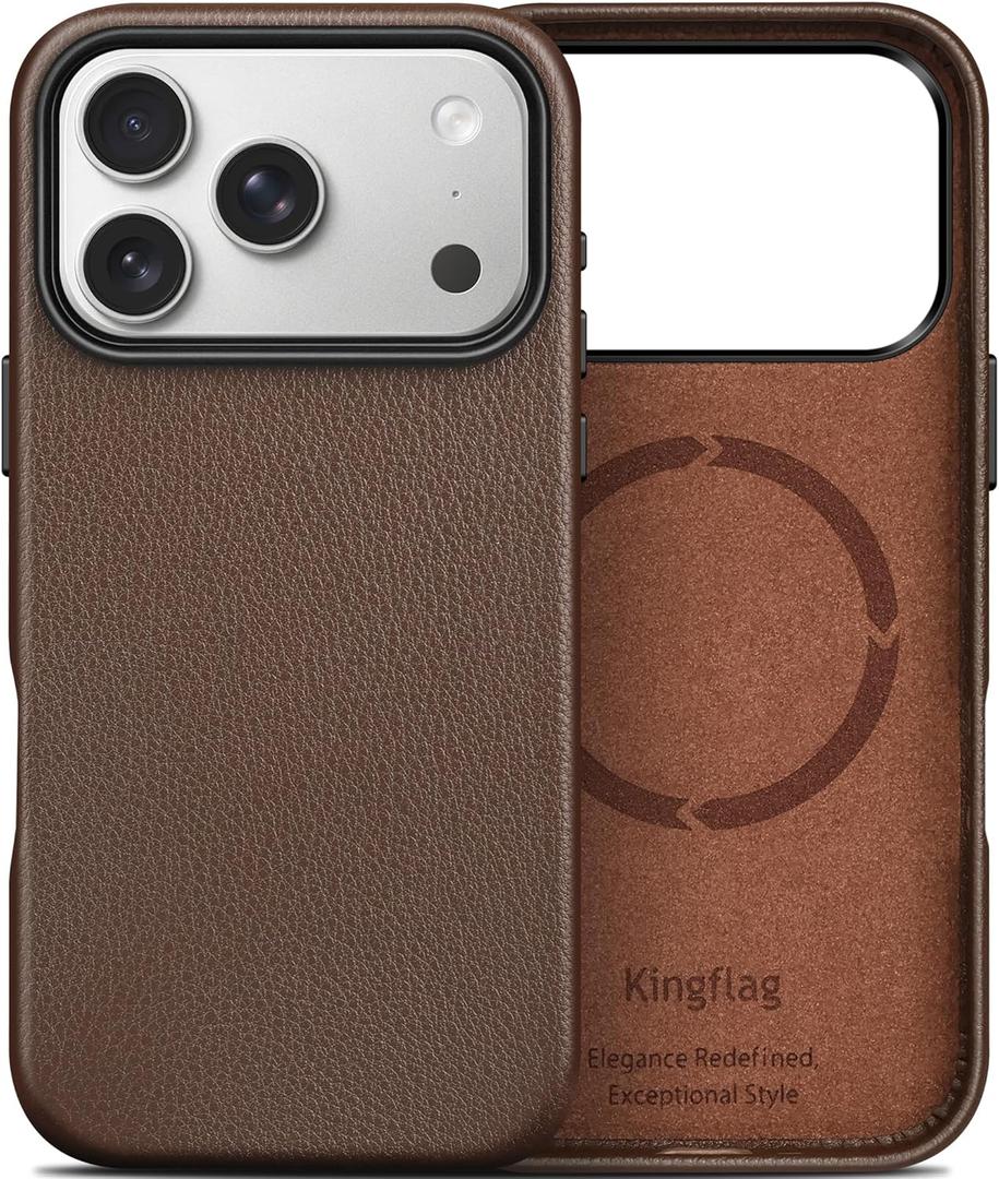 Premium Pebbled Leather Case Compatible with iPhone 17 Pro 6.3", Soft Top Grain Leather, Compatible with MagSafe, Metal Buttons and Camera Bezel (Brown)