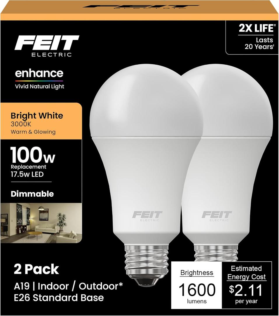 Feit Electric A19 100W Equivalent LED Light Bulbs, Dimmable, 3000k Bright White, 1600 Lumens, 22 Year Lifetime, E26 Base, CRI 90, UL Listed, Damp Rated, 2 Pack, OM100DM/930CA/2