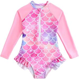 GORGLITTER Girl's Swimsuit One Piece Long Sleeve Rash Guard Scale Ruffle Bathing Suit Bikini Cute Swimwear