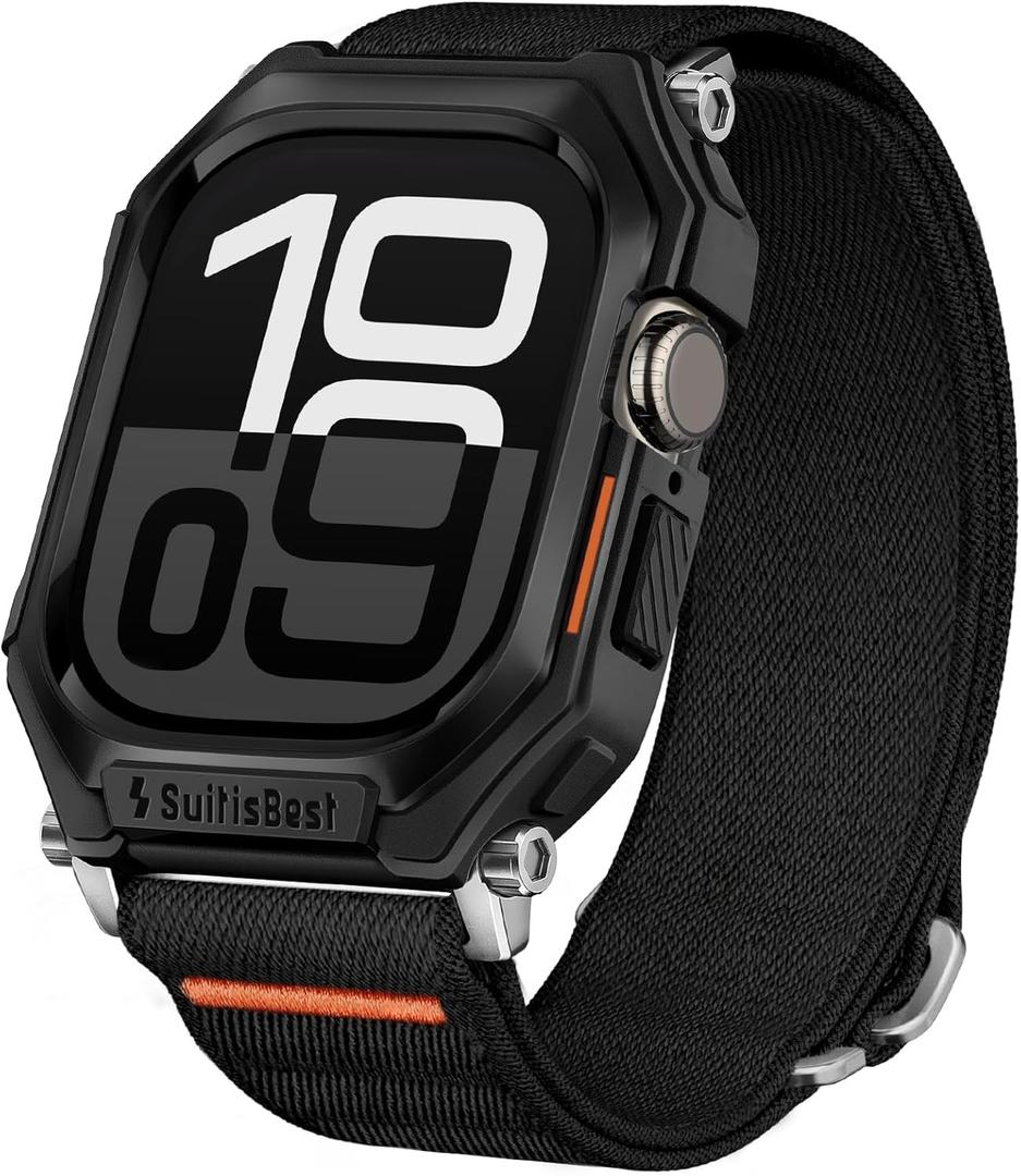 Suitisbest Stretchy Nylon Band Compatible with Apple Watch 46mm with Rugged Case Protective Cover, for Apple Watch Series 10, Durable Sport iWatch Strap for Men Women, Black