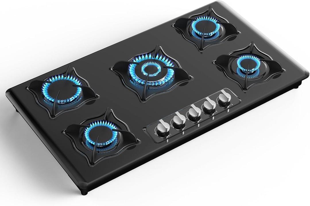 Gas Cooktop 36 Inch, 5 Burner Gas Stove Top Built-in Propane Stove Stainless Steel, NG/LPG Dual Fuel Auto Ignition Propane Cooktop, Thermocouple Protection