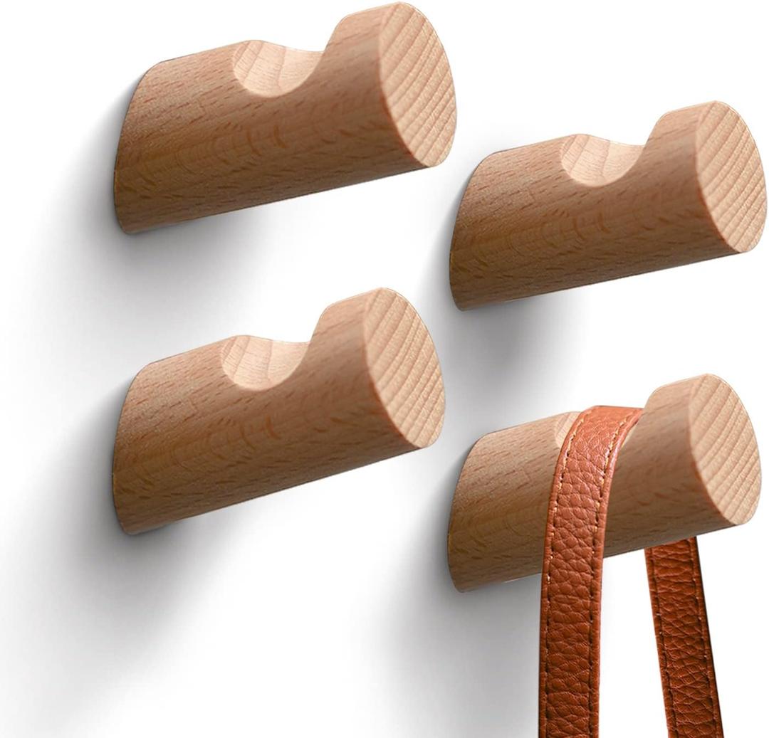 2 x Wood Wall Hooks,4 Pack Coat Hooks Wall Mounted, Modern Hat Hooks for Wall, Wall Hanger for Hanging Coat Towel Hat Bag Robe Jacket Clothes (Beech Wood)