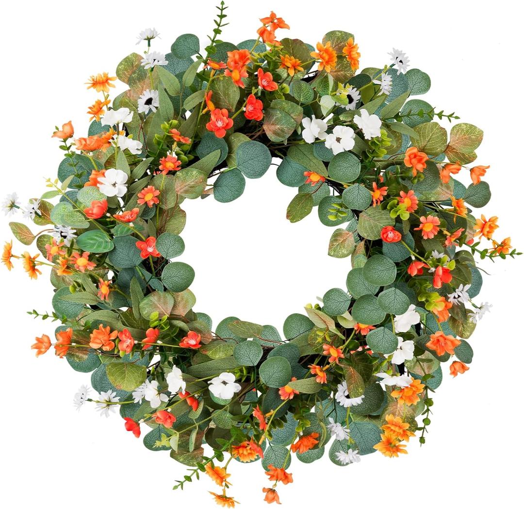 DDHS Summer Wreaths for Front Door,24 Inch Large Eucalyptus Wreath with Boxwood Leaves Three Colors of Chrysanthemums All Year Round Wreath for Indoor Outdoor Porch Farmhouse Decoration