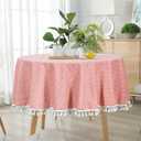 ShinyBeauty Round Tablecloth - Cotton Linen Table Cover - Wrinkle Free Dust-Proof - Buffalo Check - Holiday Table Linen - 55" - Blush Embroidery Tassel - For Home Kitchen Dining