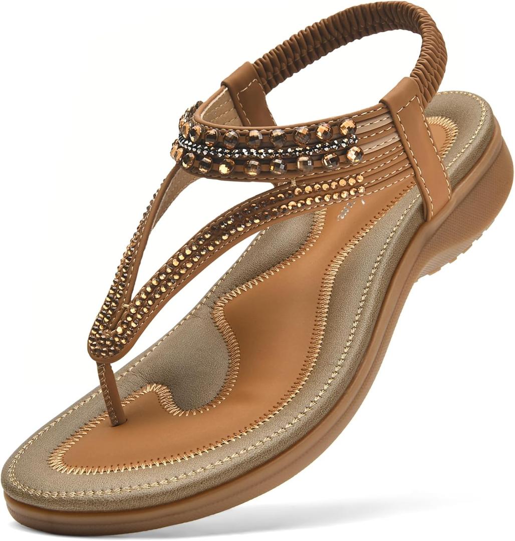 Littleplum Womens Sandals Arch Support Slingback Rhinestone Dressy Sandals Comfort Summer Shoes Ankle Strap Elastic Flats for Beach Walking (7, Elegant Brown)