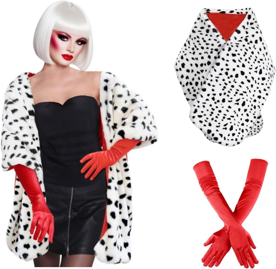 Apragaz 2 pcs Halloween Costume for Women, Dalmatian Shawl with 1920s Red Gloves for Halloween Cosplay Party (One Size)