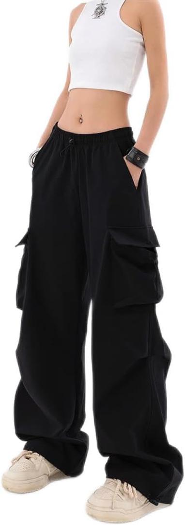 Baggy Parachute Pants for Womens Wide Leg Cargo Pants Y2k with Pockets Boyfriend Harajuku Streetwear Goth (Small, Black)