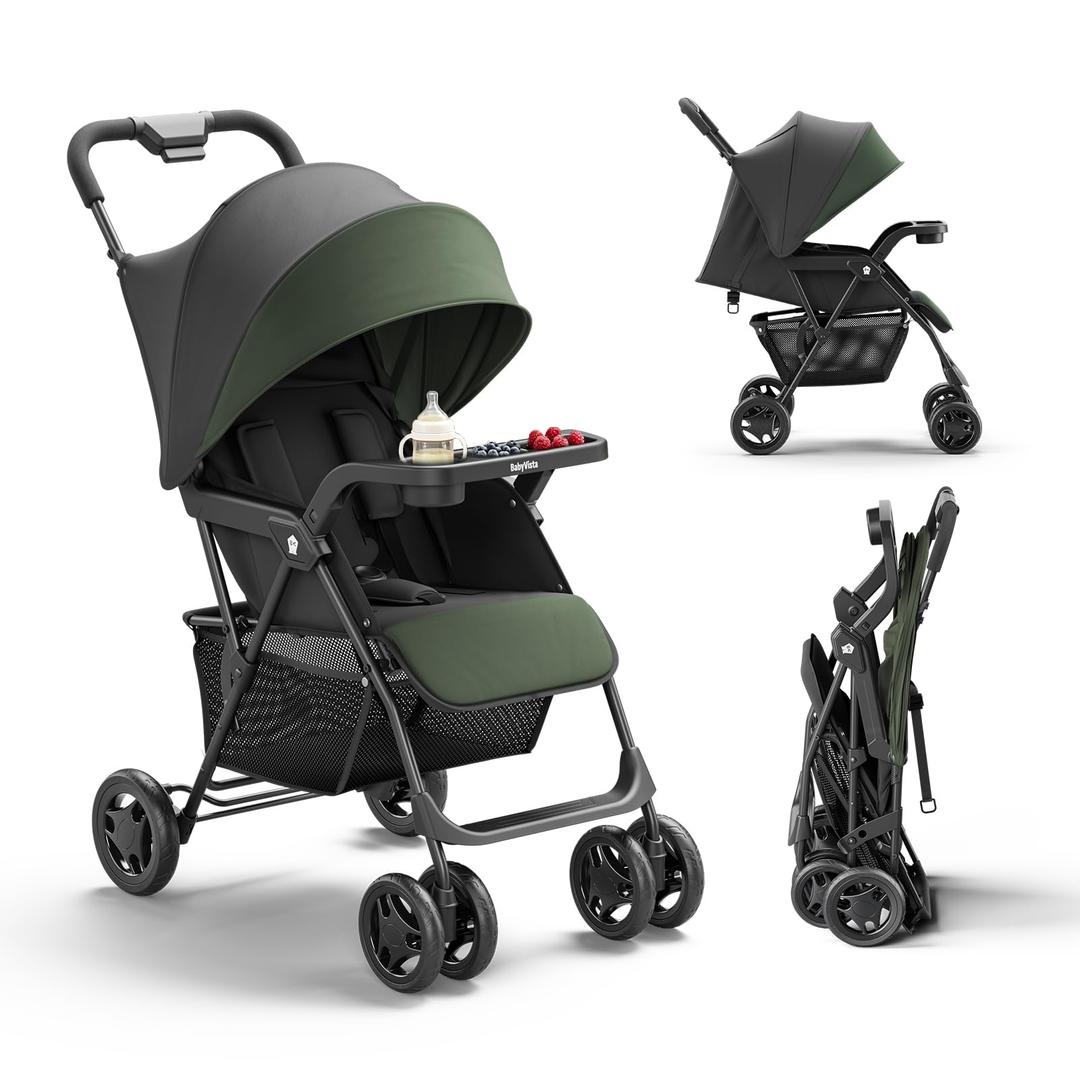 BabyVista Lightweight Umbrella Stroller, Travel Stroller with Near-Flat Recline & Snack Tray, Compact Folding with One Hand, UPF50+ Sun Canopy, Theme Park Approved