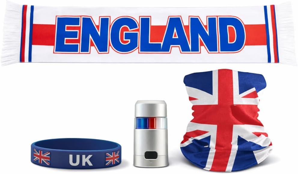 SIFRIMANIA England Team 4 Piece Fan Set Fleece Scarf Multifunction Bandana Silicone Bracelet and Face Paint Soccer Accessories for International Football Event Game Day