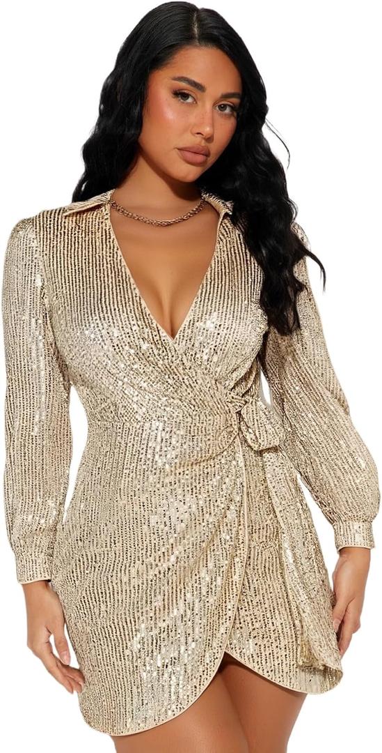 Sequin Saprkly Mini Dress Long Sleeve Homecoming V Neck Bodycon Dress Party Prom Cocktail Glitter Dress (Beige, XL)