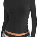 Womens Cotton Long Sleeve Shirts Crew Neck Slim Fit Basic Going Out Crop Outfits for Spring Fall 2025 (X-Small, True Black)