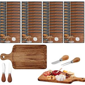 50 Set Bridal Baby Shower Cheese Prizes Wooden Square Board Gift Set Knives Forks Thank You Tags with Box for Guests for Valentines Bridal Baby Shower Housewarming Gifts (Acacia Color)