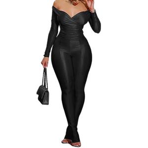 2 Piece Outfits for Women Sexy Off Shoulder V Neck Tops Skinny Split Flared Pant Sets Party Club Bodysuit Black M