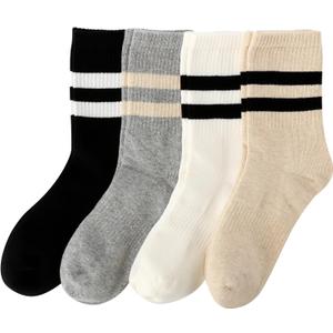 Striped Cotton Crew Socks for Women with Seamless Toe, Cute Casual Womens Socks, Athletic Running Socks for Sport, Office, Home, School, 4 Pairs, Size 6-9
