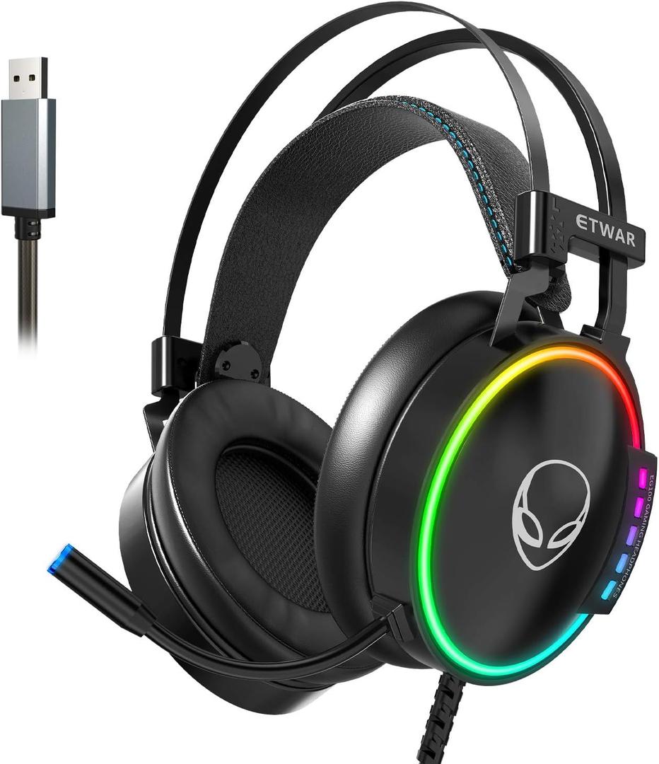 ETWAR EG100 USB Wired Gaming Headset for PC, 7.1 Surround Sound, Computer Headphones with Microphone/Mic Noise Cancelling, Video Gaming, RGB Flowing Light - for PS4, PS5,Laptop
