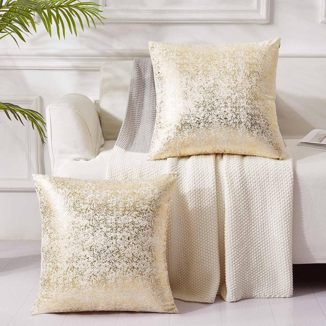 EUCIOR Champagne Throw Pillows 20x20,Gold and White Pillow Covers,Set of 2,Glitter Decorative Velvet Pillow Covers,Solid Color Cushion Covers for Sofa Bedroom Car
