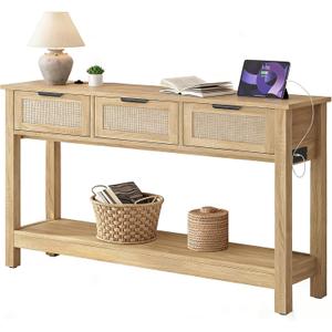Luoxiao Natural Entryway Table with Power Outlets & USB-C, Boho Rattan Console Sofa Table with 3 Drawers, Narrow Sofa Table Behind Couch, Foyer Hallway Storage Table with Shelf, Anti-Tip, 47 Inch