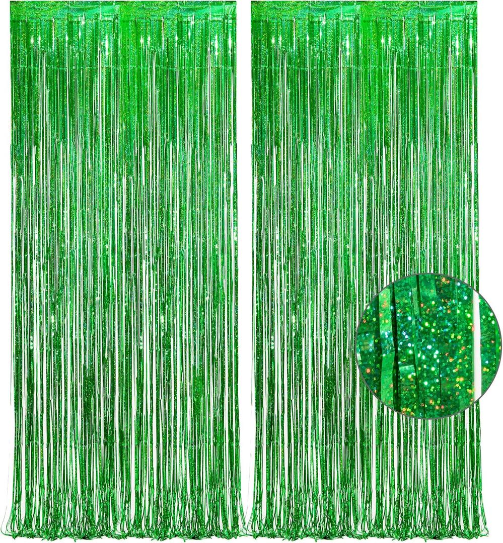 Green Tinsel Curtain Party Backdrop - GREATRIL Foil Fringe Streamers for St Patricks Day/Luau/Turtle/Hawaiian/Dinosaur/Ghost/Football/Christmas Decorations 2 Packs