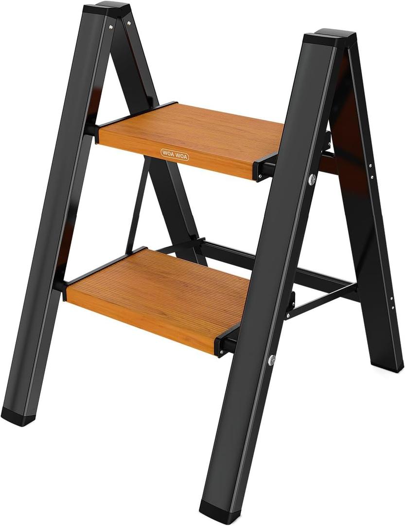 WOA WOA Step Ladder, Widening Pedals for Extra Balance, Lightweight Step Stool, Easy to Move Around, Foldable Ladder, Space Saving, Anti-Slip Stepladder 300 lbs Capacity (2 Step, Black & Wood Grain)