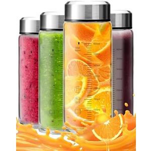 16oz Glass Juice Bottles with Lids 4-Pack, Wide Mouth Reusable Water Bottles for Juicing, Smoothies, Infused Water - Leakproof BPA Free Premium Clear Glass & Stainless Steel Lids, Fridge Safe