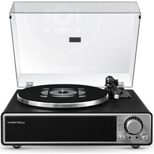 QLEARSOUL ONE-Q Vinyl Record Player (Black), All-in-one HiFi Turntables with Built in Speakers, Bluetooth 5.4, Phono Preamp, Magnetic Cartridge AT-3600L, 33/45 RPM Two Speed, Aux-in, Auto Off