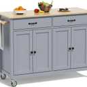 Rovibek Large Kitchen Island on Wheels with Storage 54 in Width Mobile Moveable Portable Rolling Wood Islandfor Kitchen Dining Room with Drawers Cabinet Spice Rack Towel Rack (Grey)