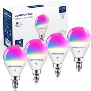 E12 Smart Light Bulbs 50W Equiv., G16.5 RGBCW Candelabra Chandelier Ceiling Fan Smart Bulb Works with Alexa/Google Home/Smart Life, 5W 550LM, 2.4G WiFi Bluetooth Bulb, ETL Listed, 4 PCS