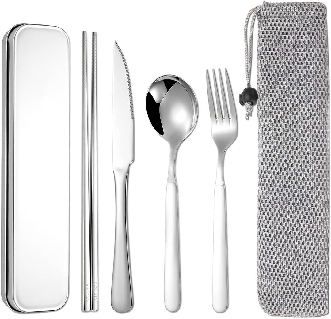 316 Stainless Steel Travel Utensils Set with Case - Food Grade Reusable Cutlery for Work, Camping, Picnic, Lunch Box - Include Fork, Knife, Spoon, Chopsticks