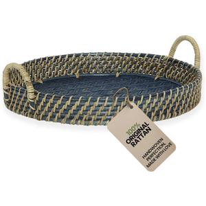 | Round Rattan Serving Tray with Handles | Handmade Woven Cane Basket Tray for Coffee Table, Kitchen & Home Dcor | Large (14" X 14" x 2" inch) | Navy Blue