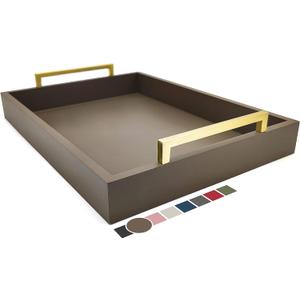 Decorative Coffee Table Tray - Ottoman Tray - Breakfast, Drinks, Liquor Serving Platter - from Farmhouse to Modern - Matte Finish - Champagne Gold Handles - Mocha