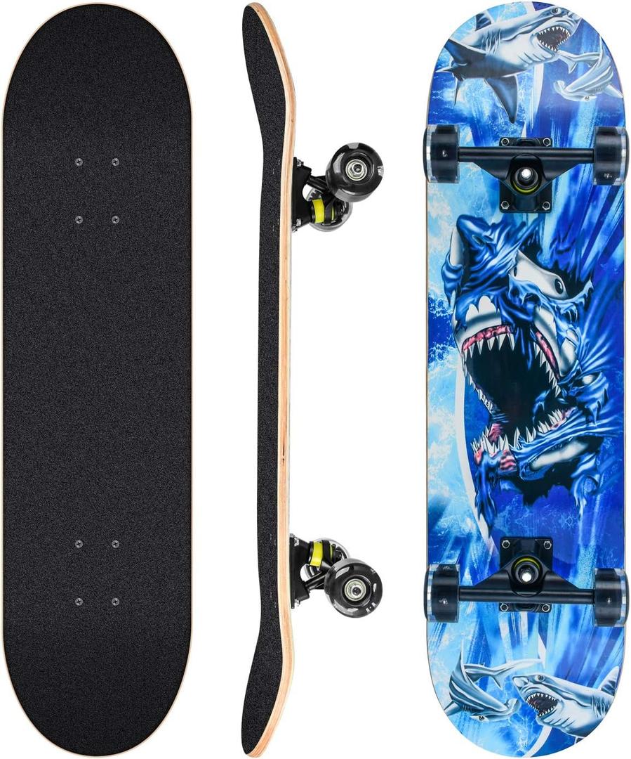 Skateboards for Beginners, 31 x 8 inch Complete Skateboard for Kids Teens Adults, 8 Layer Maple Double Kick Deck Concave Cruiser Trick Skateboard with Multifunction Skate
