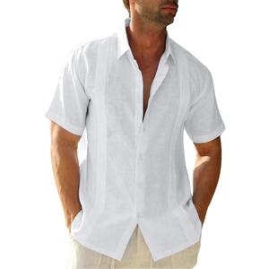 Hestenve Mens Short Sleeve Cuban Camp Guayabera Shirt Linen Cotton Hippie Beach Button Down Shirts (Large, White)