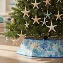 Soulchen 31.5 Inch Coastal Christmas Tree Collar Starfish Ocean Beach Blue Hexagon Fabric Collapsible Skirt Xmas Tree Collar for Artificial Trees Festive Holiday Nautical Decoration