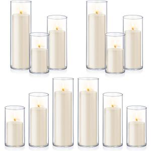 24 PCS Ivory White Pillar Candles with Glass Candle Holders Clear Hurricane Candle Holders Glass Cylinder Vases for Centerpieces Wedding Party, Event, Home Office (12 Candles+12 Candle Hoders)