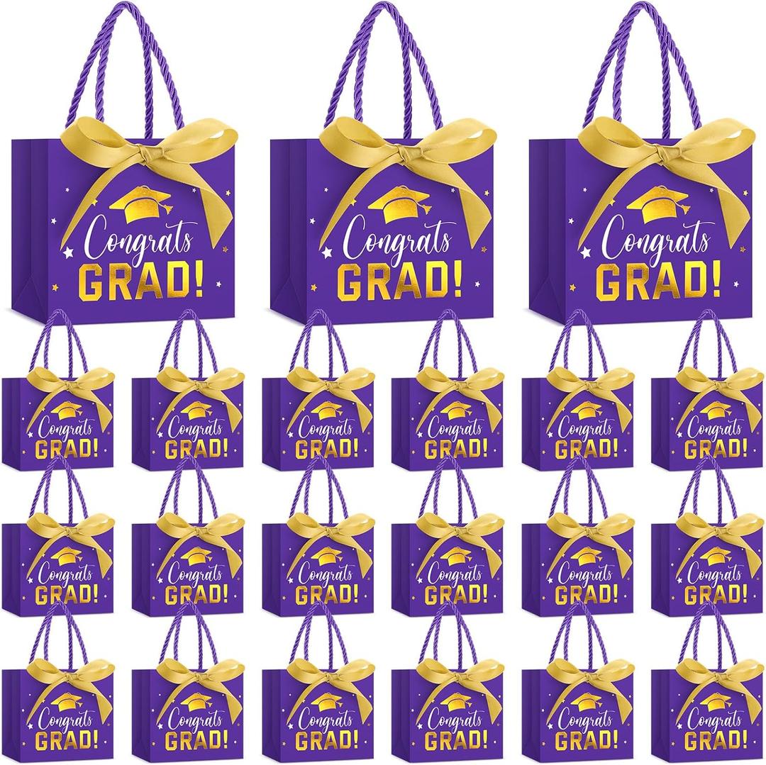 Jetec 45 Pack 2025 Graduation Gift Bags Bulk Small Congrats Bags with Handle and Bow Ribbon 5.5 x 4.7 x 2.5 Inch Grad Paper Treat Gifts Party Favor Supplies for College High School (Purple Gold)