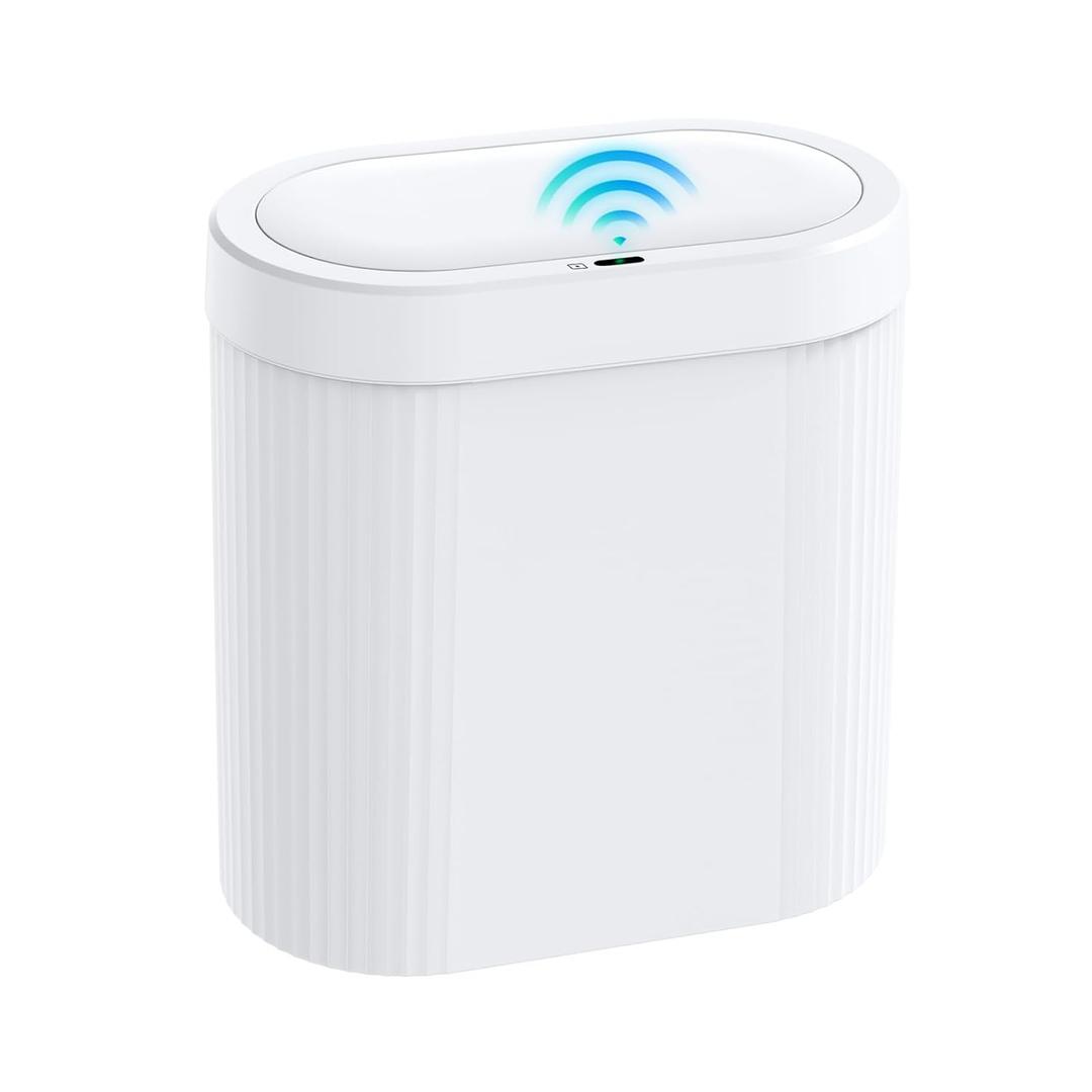 jinligogo 5 Gallon Bathroom Trash Can with Lid, Automatic Motion Sensor White Trash Can, Touchless Slim Waterproof Garbage Bin for Kitchen, Bedroom, Office, and Bathroom