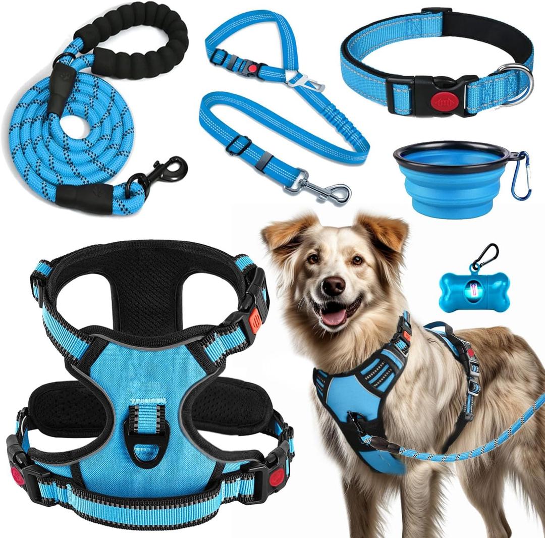 LOBEVE No Pull Dog Harness, Collar & Leash Set | Includes Dog Seat Belt, Collapsible Bowls & Poop Bag Dispenser. Ideal for Training, Walking, Hiking. Fits Small to Large Dogs(Blue-XL)