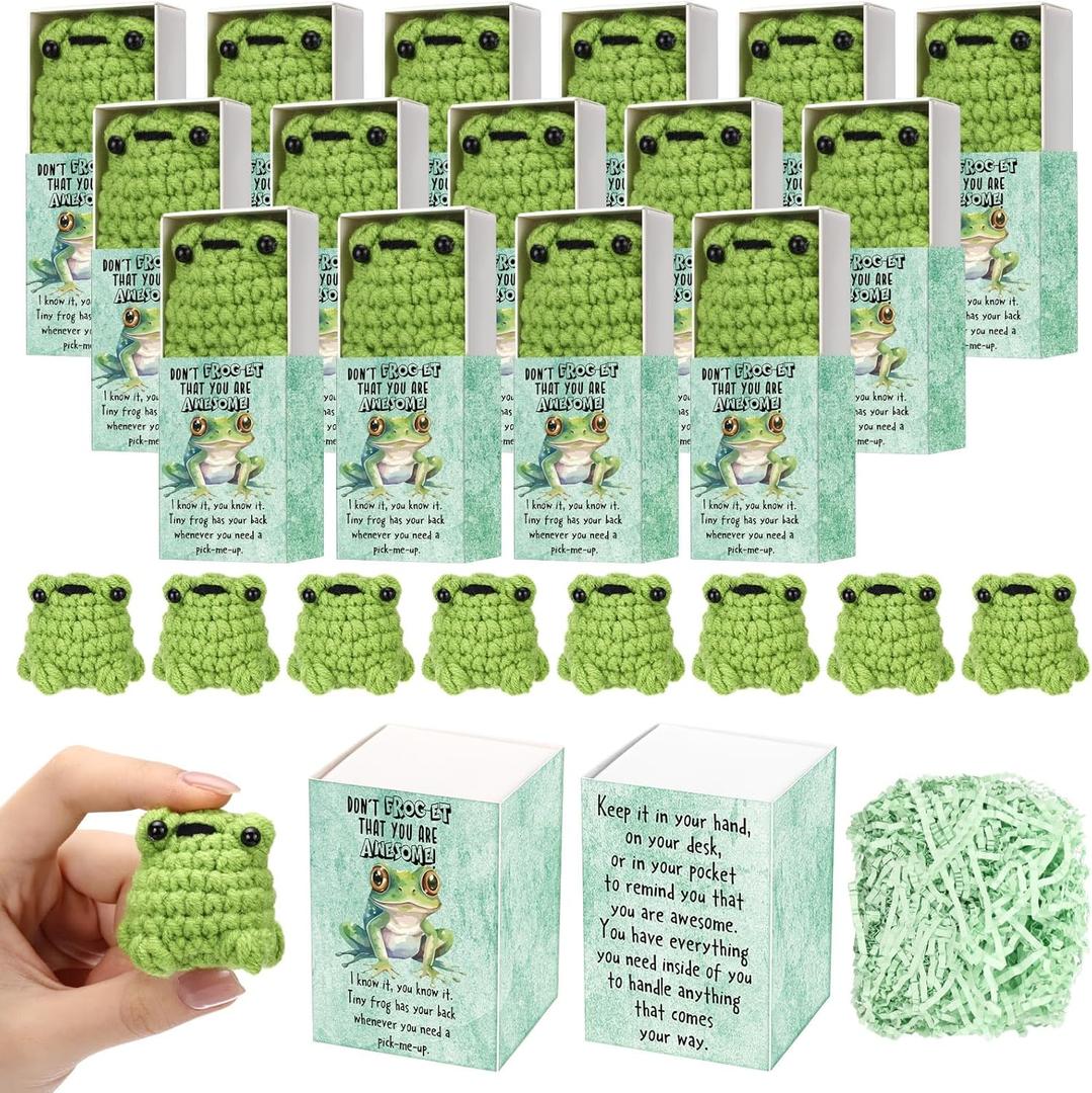 Wettarn 12 Sets Frog Pocket Hug Token Gifts Bulk Crocheted Frog with Box Encourage Positive Greeting Gifts for Women Passover Friend Employees Staff Office