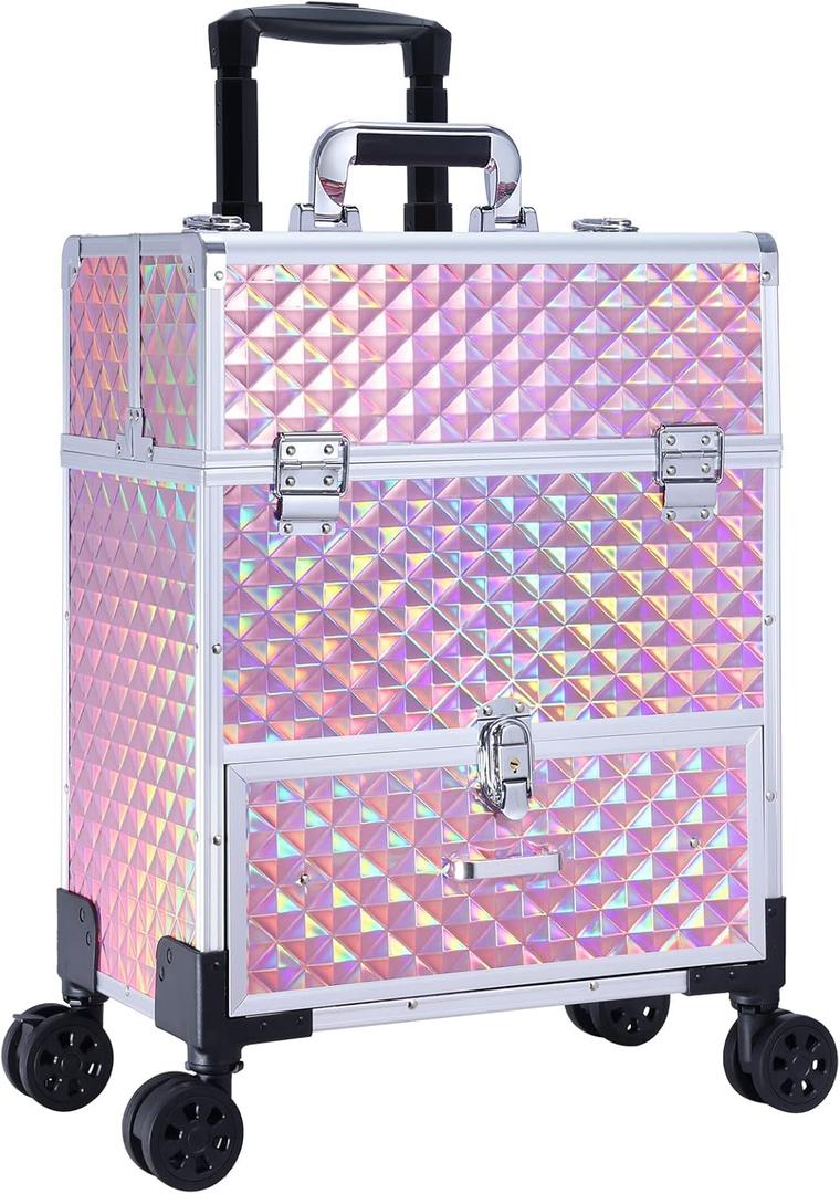 Adazzo Rolling Nail Case Wheeled Manicure Storage Case Polish Organizer Professional Makeup Trolley for Studio or Travelling Nail Technician Artists Cosmetologist Stylist (Pink)
